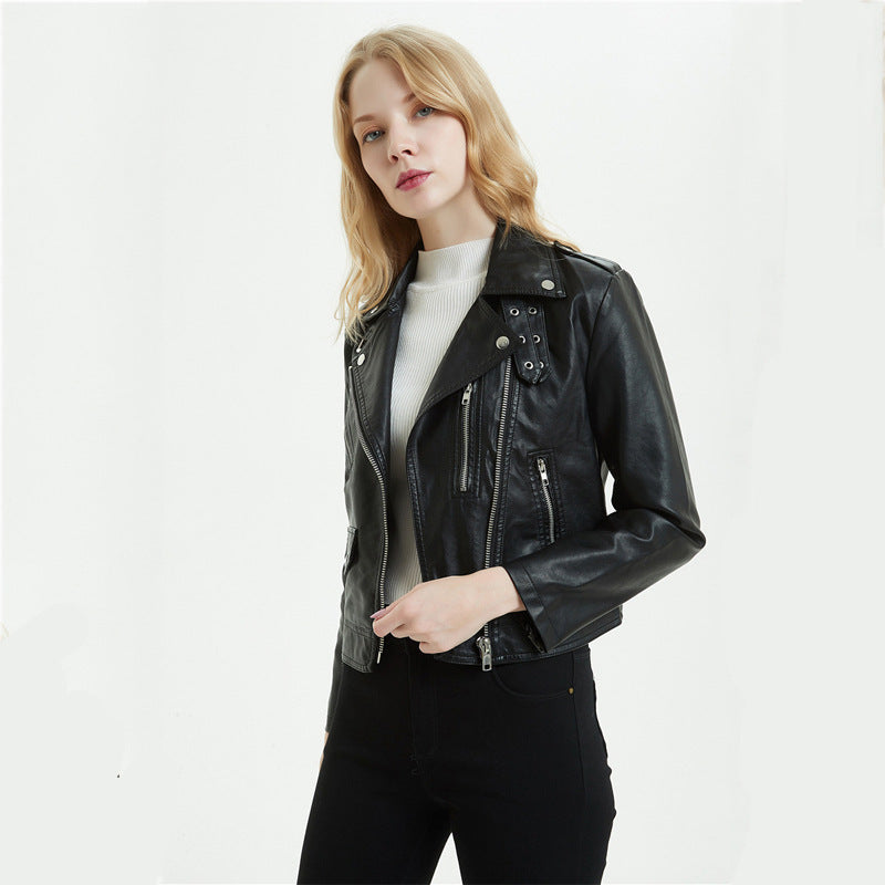 Women's PU Leather Motorcycle Jacket - European & American Style Short Biker Jacket (Black/White, Sizes S-XL