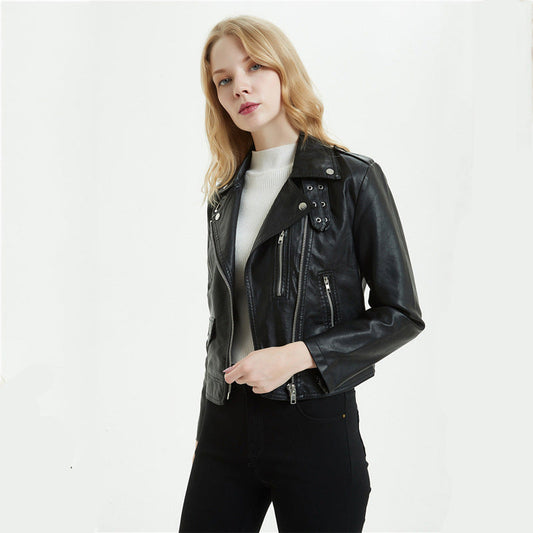 Women's PU Leather Motorcycle Jacket - European & American Style Short Biker Jacket (Black/White, Sizes S-XL