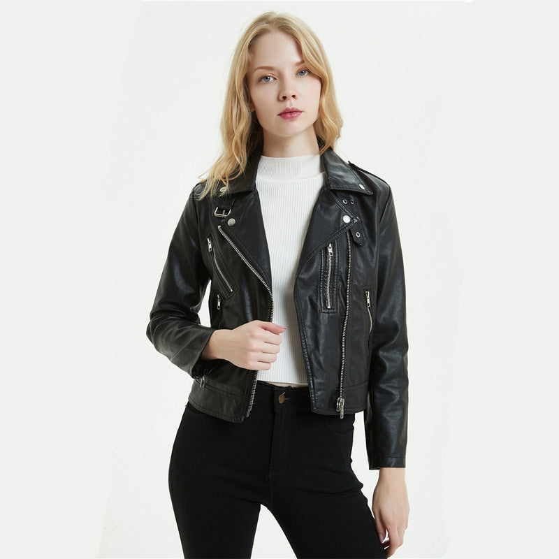 Women's PU Leather Motorcycle Jacket - European & American Style Short Biker Jacket (Black/White, Sizes S-XL