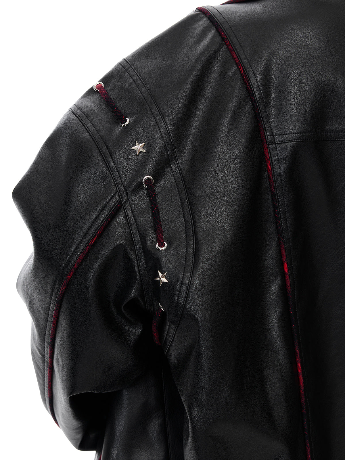 Reversible PU Leather Motorcycle Jacket - Loose Fit Long Biker Coat in Black/Red Checkered Pattern