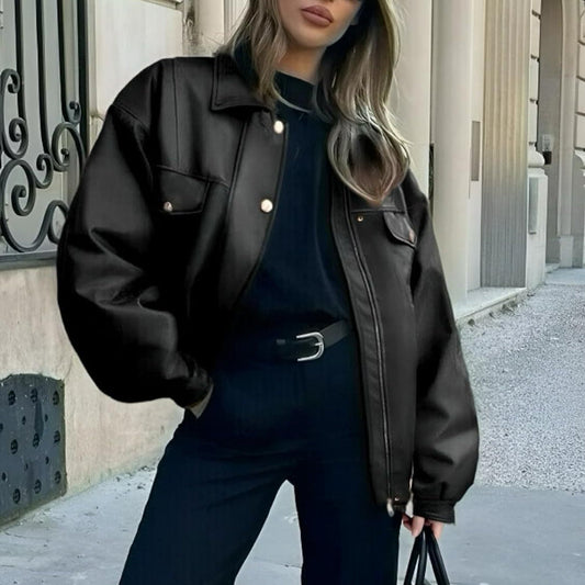 Women's Leather Jacket Loose Long Sleeve Lapel Motorcycle Jacket