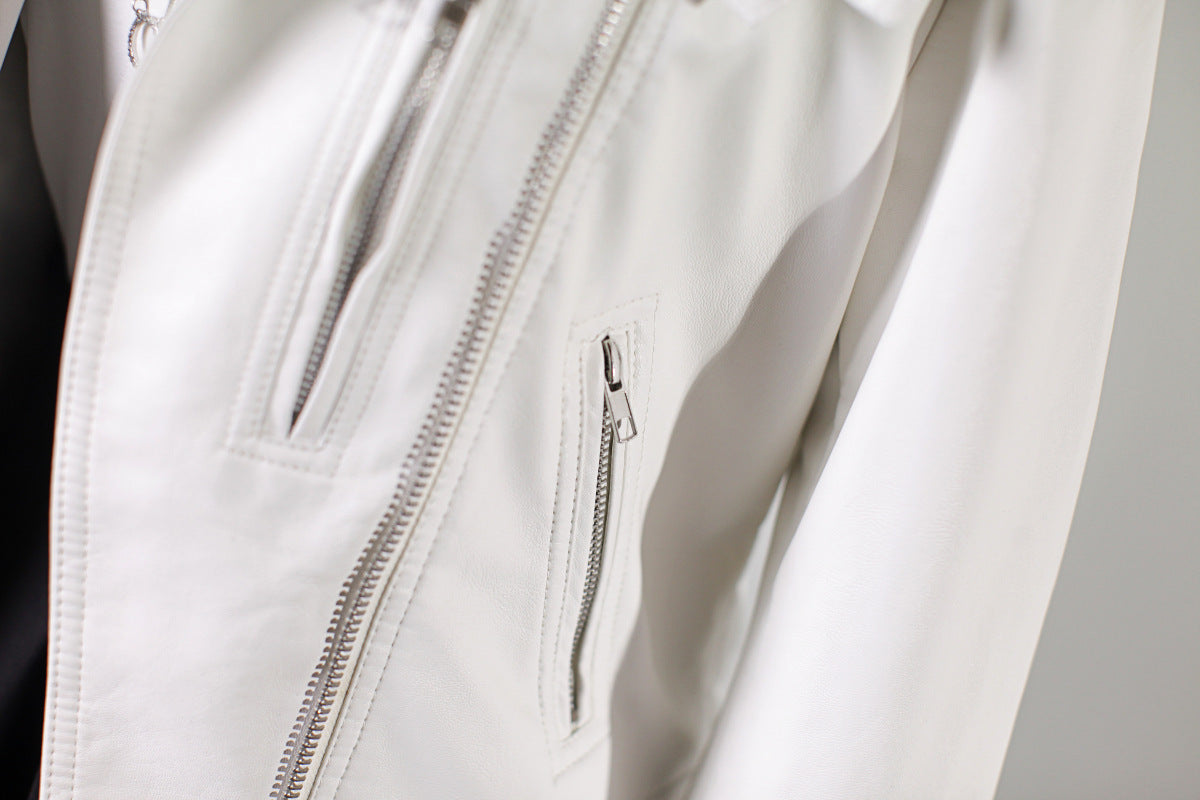 Women's PU Leather Motorcycle Jacket - European & American Style Short Biker Jacket (Black/White, Sizes S-XL