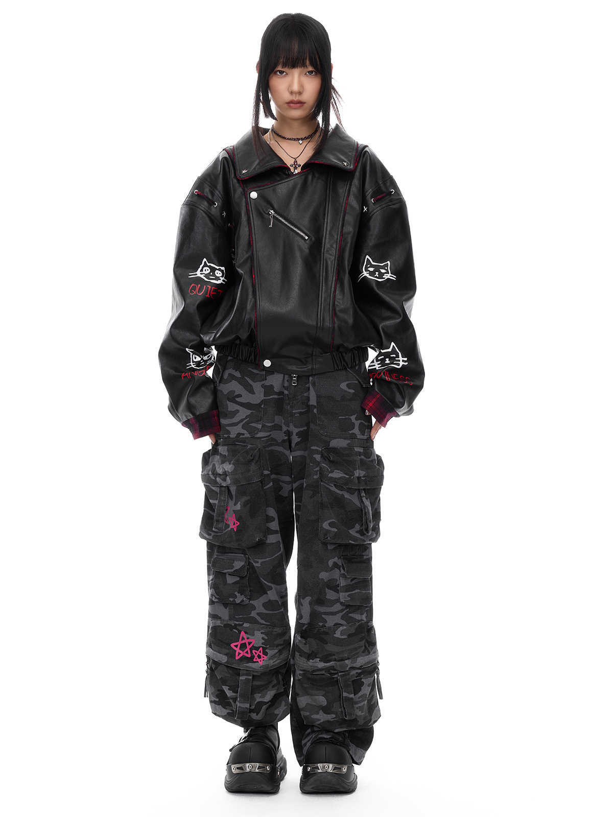 Reversible PU Leather Motorcycle Jacket - Loose Fit Long Biker Coat in Black/Red Checkered Pattern