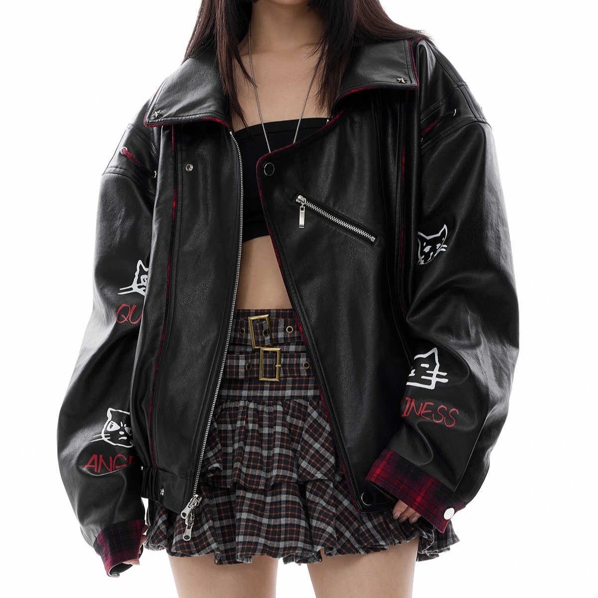 Reversible PU Leather Motorcycle Jacket - Loose Fit Long Biker Coat in Black/Red Checkered Pattern