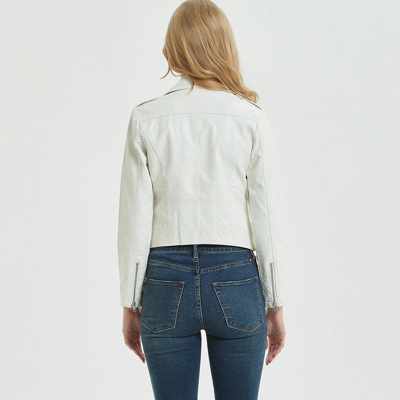 Women's PU Leather Motorcycle Jacket - European & American Style Short Biker Jacket (Black/White, Sizes S-XL